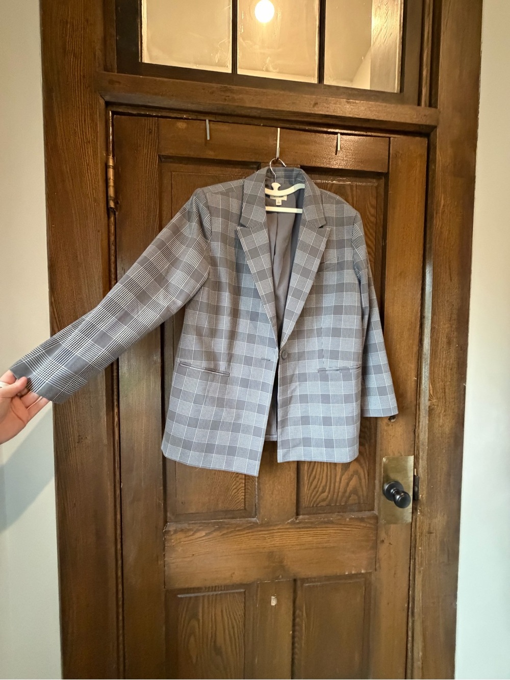 Womens Gray Plaid Single-Button Blazer